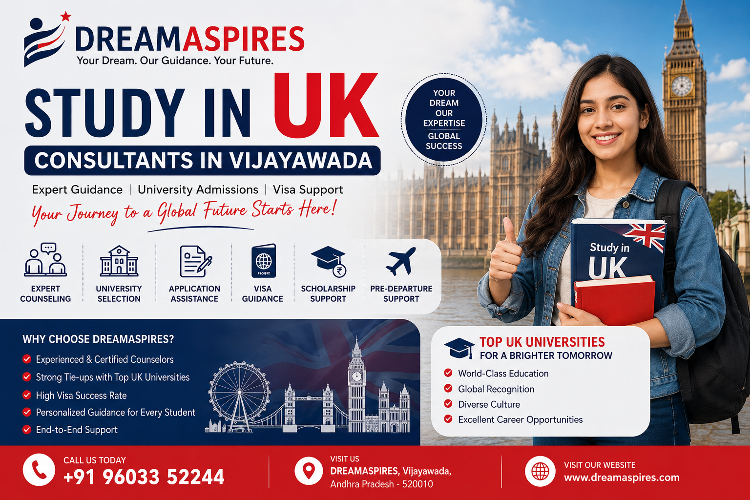 Study in UK Consultants in Vijayawada – Your Pathway to Global Education with DreamAspires